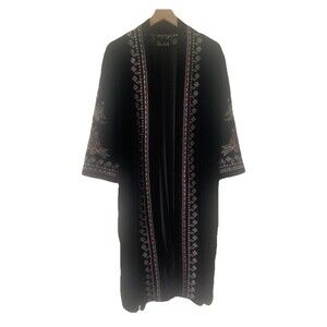 Paparazzi Womens XL Black Velvet Embroidered Open Front Duster Kimono Floral